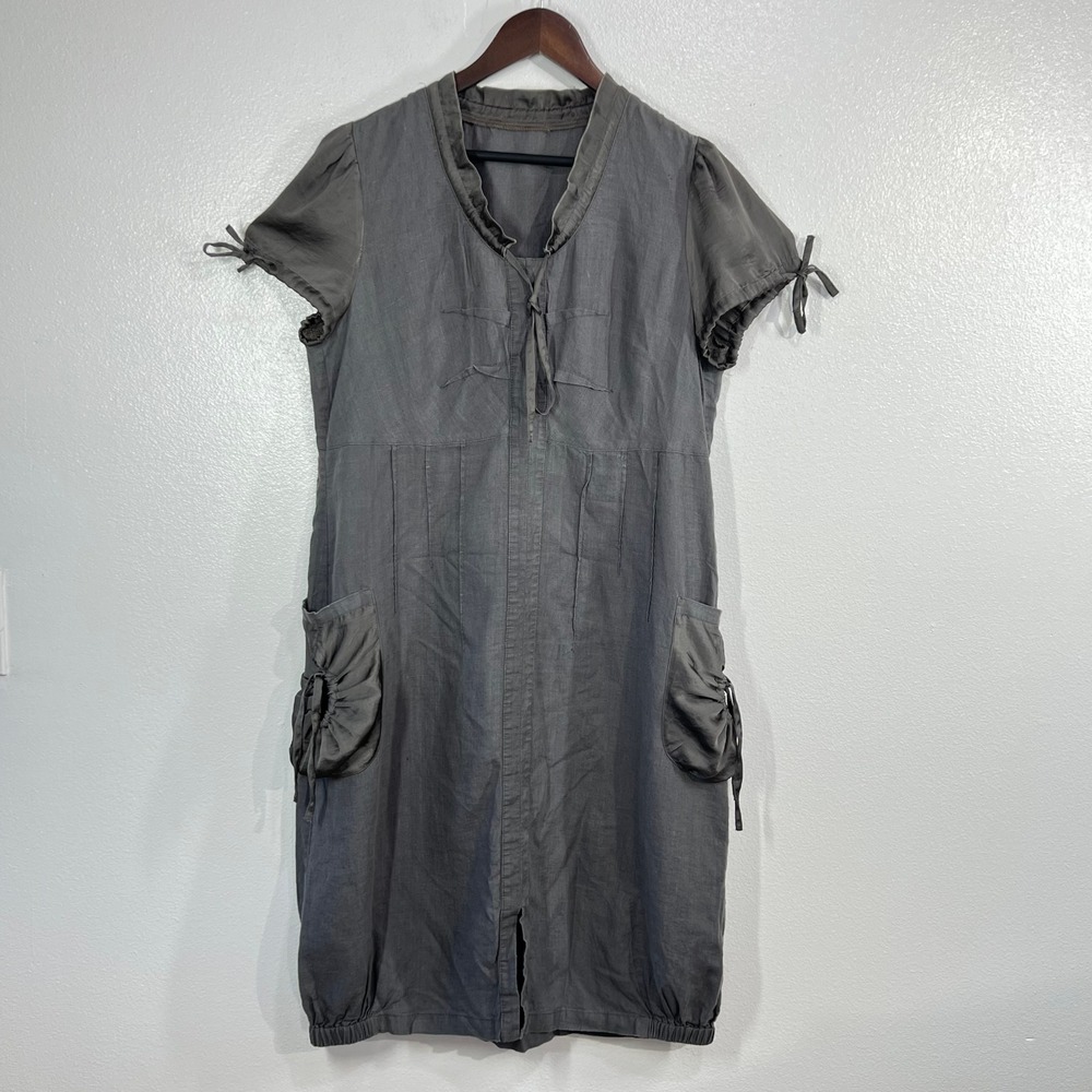 Kalinka Belarus 100% Linen  Dress Size L Gray Ruffle Neck Puff Sleeve Bubble Hem - Picture 2 of 11